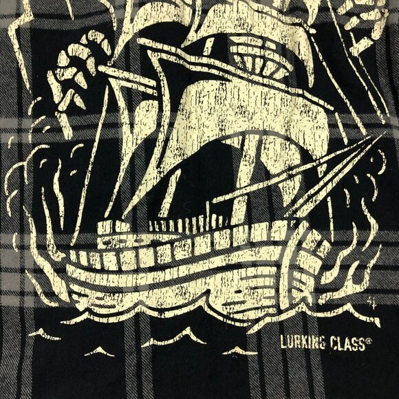 Lurking Class Top Womens Medium Flannel Button Front Shirt Hood Graphic Skull - Picture 12 of 16
